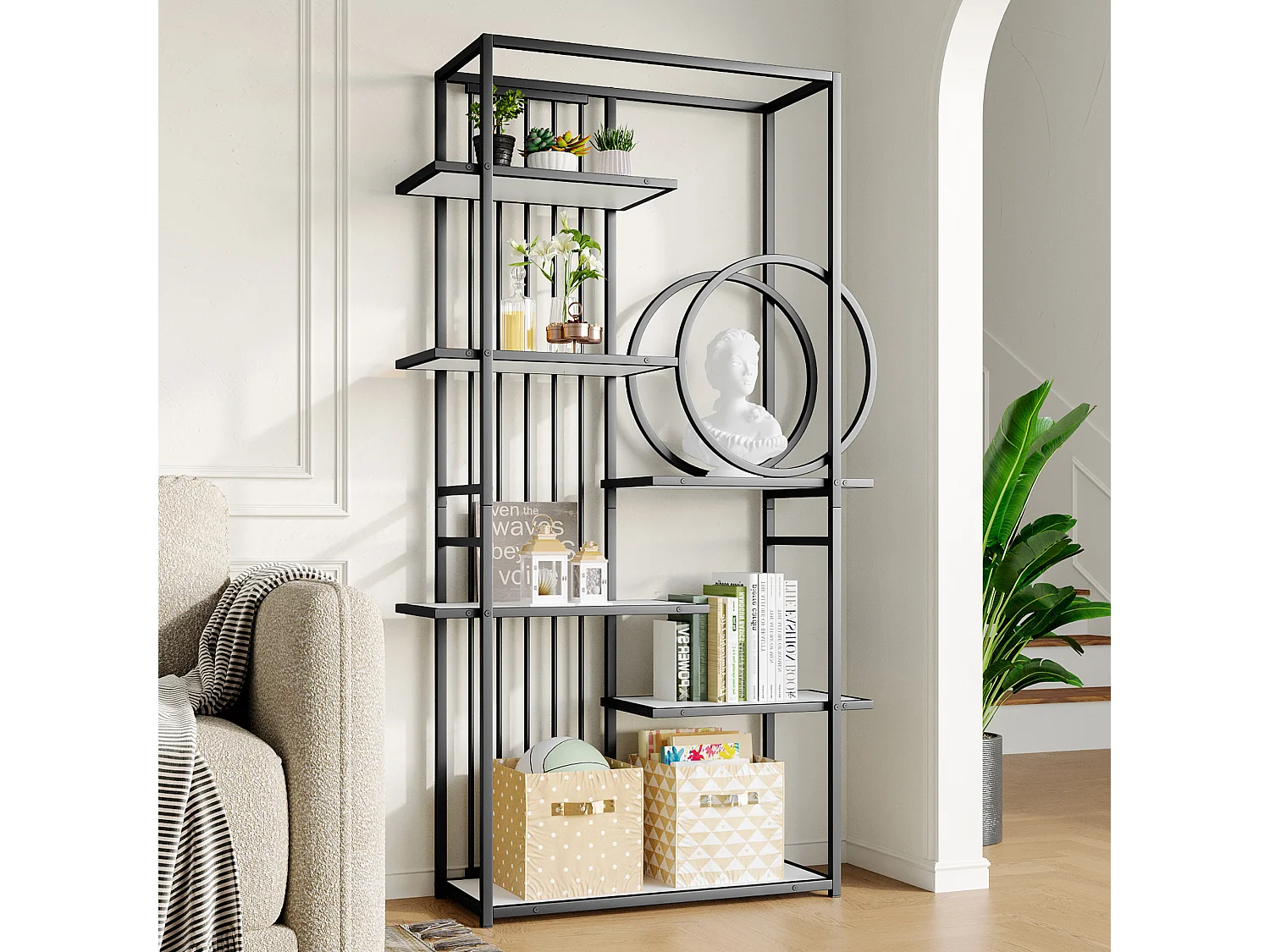 Etagère en métal et bois MDF - 6 tablettes - Noir et blanc