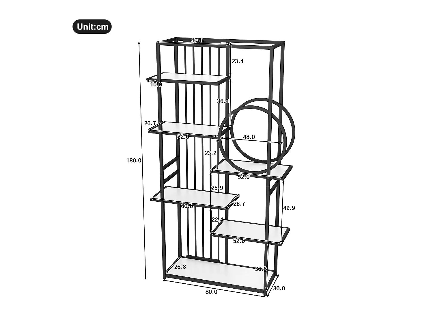 Etagère en métal et bois MDF - 6 tablettes - Noir et blanc