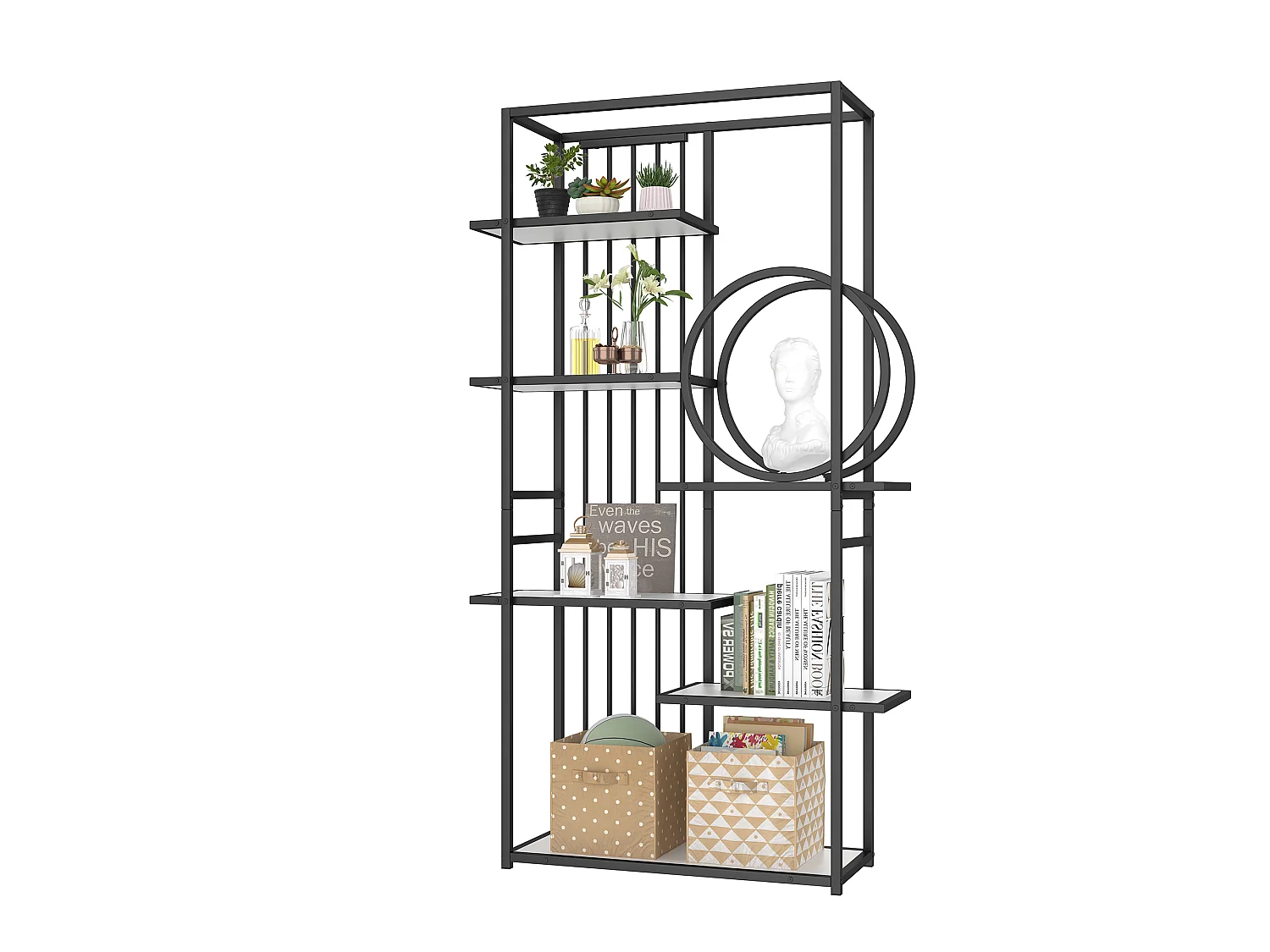 Etagère en métal et bois MDF - 6 tablettes - Noir et blanc