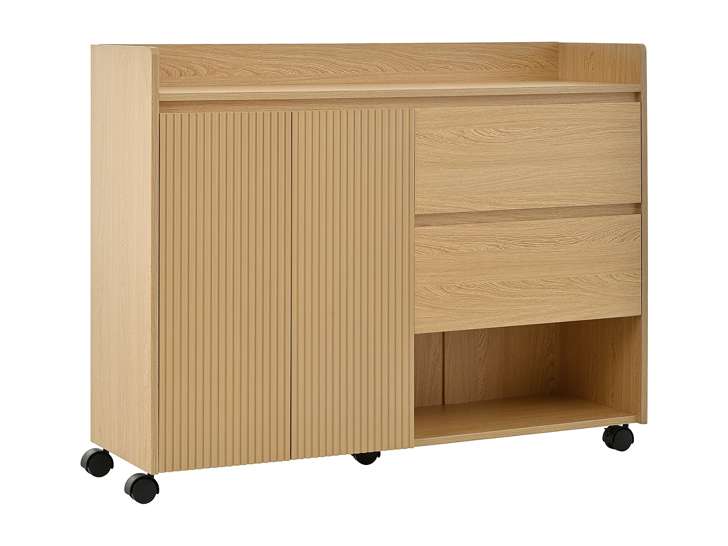 Scarpiera con ruote, 2 cassetti e 1 anta, colore naturale.