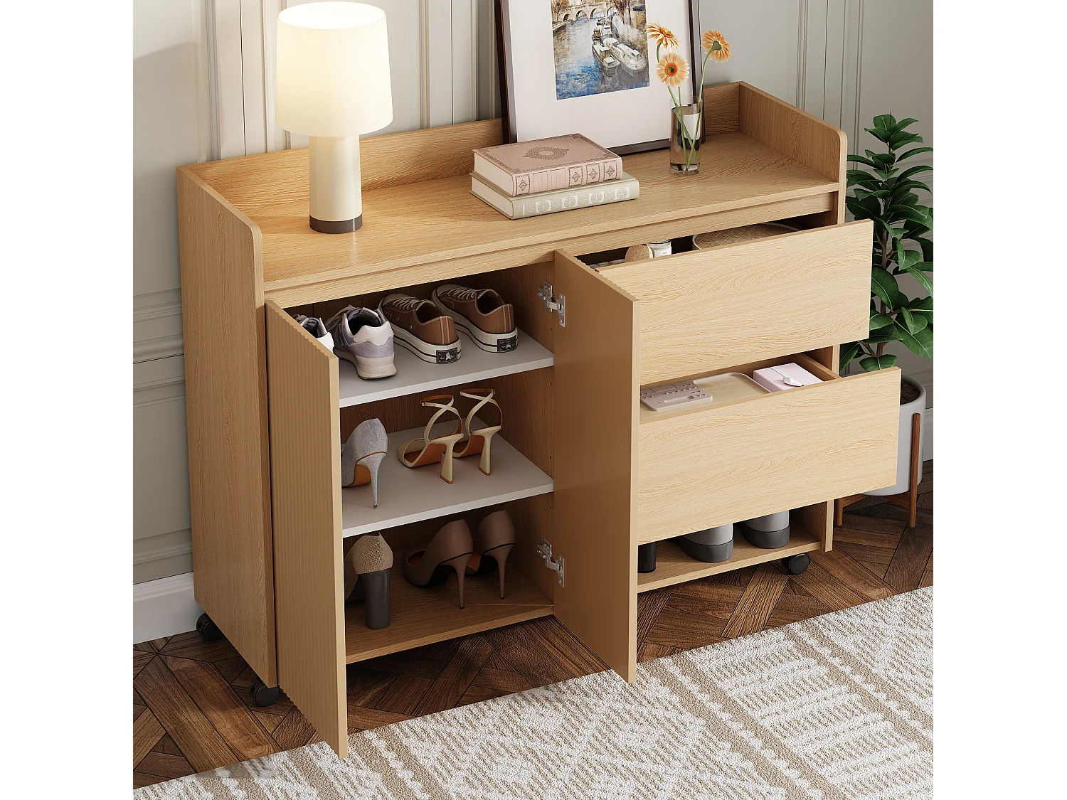 Meuble à chaussures avec roulettes, 2 tiroirs et 1 porte , couleur naturelle.