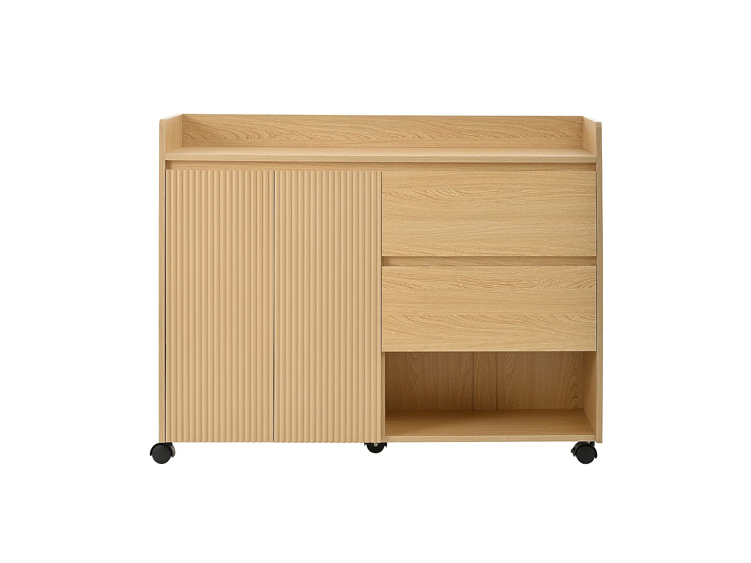 Scarpiera con ruote, 2 cassetti e 1 anta, colore naturale.