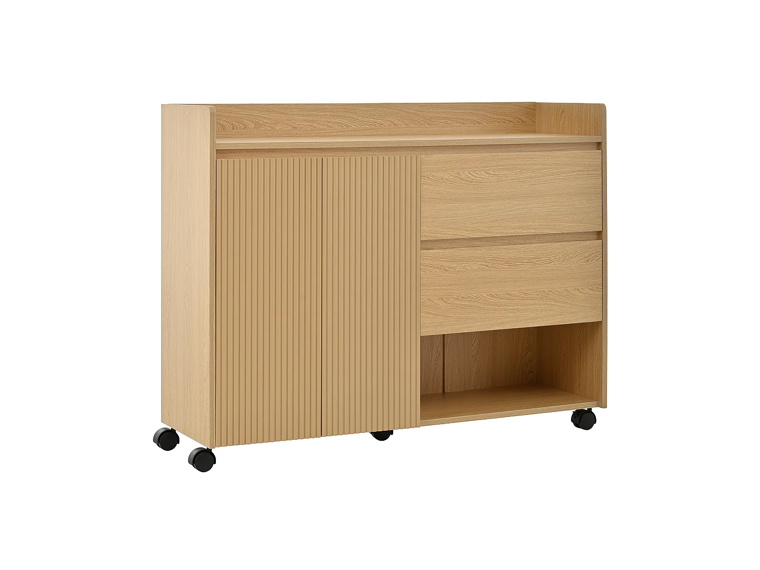 Scarpiera con ruote, 2 cassetti e 1 anta, colore naturale.