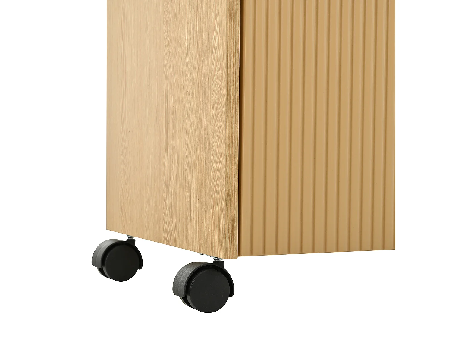 Scarpiera con ruote, 2 cassetti e 1 anta, colore naturale.