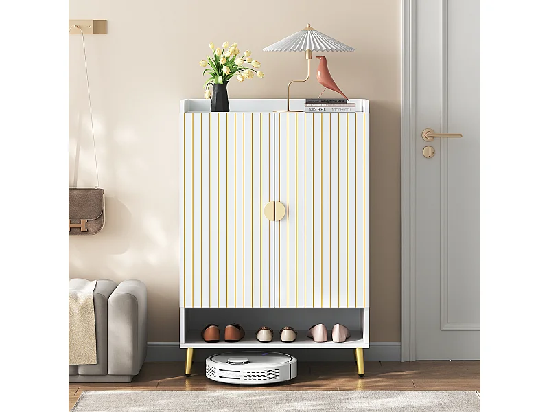 Meuble à chaussures avec 2 portes - porte à rayures verticales - MDF blanc