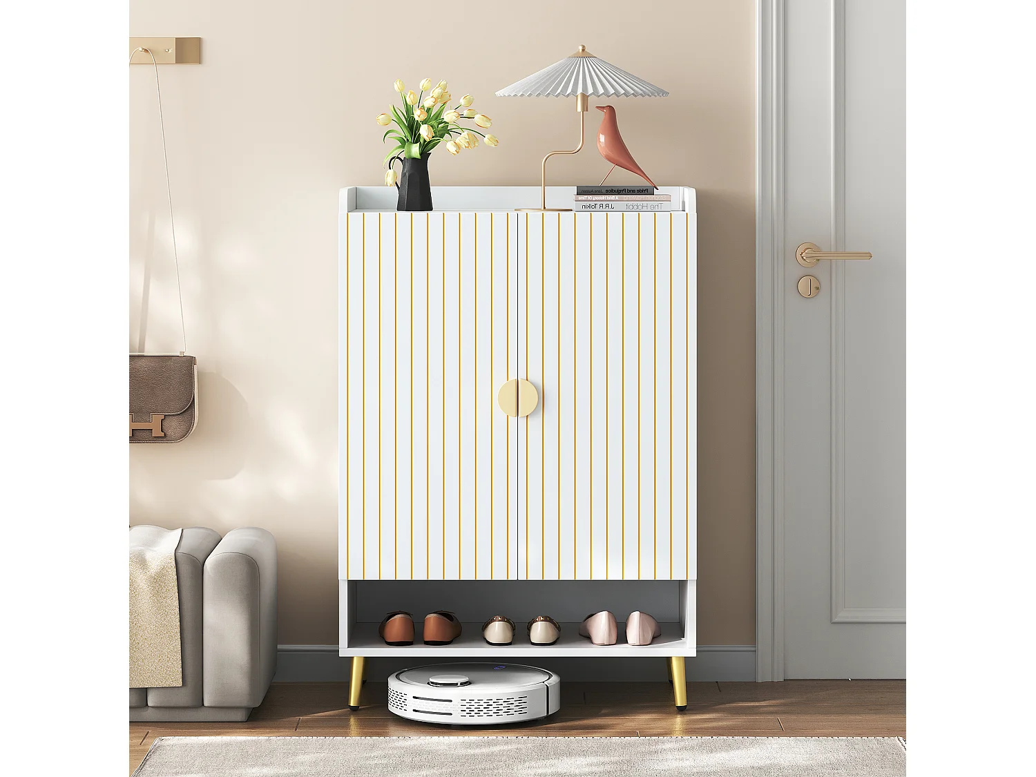 Zapatero de 2 puertas - puerta con rayas verticales - MDF blanco