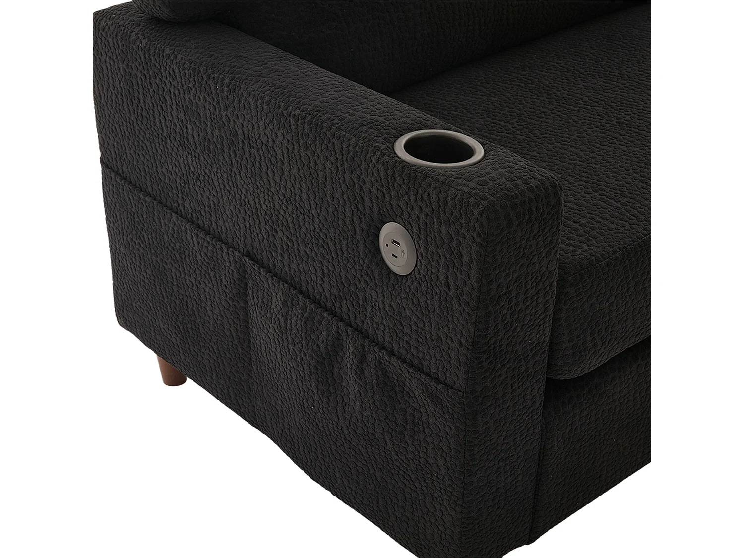 Canapé 2 places avec port USB-C, LED et poches latérales - Tissu chenille - Noir