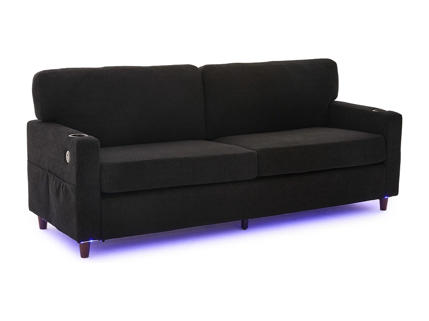 Canapé 2 places avec port USB-C, LED et poches latérales - Tissu chenille - Noir