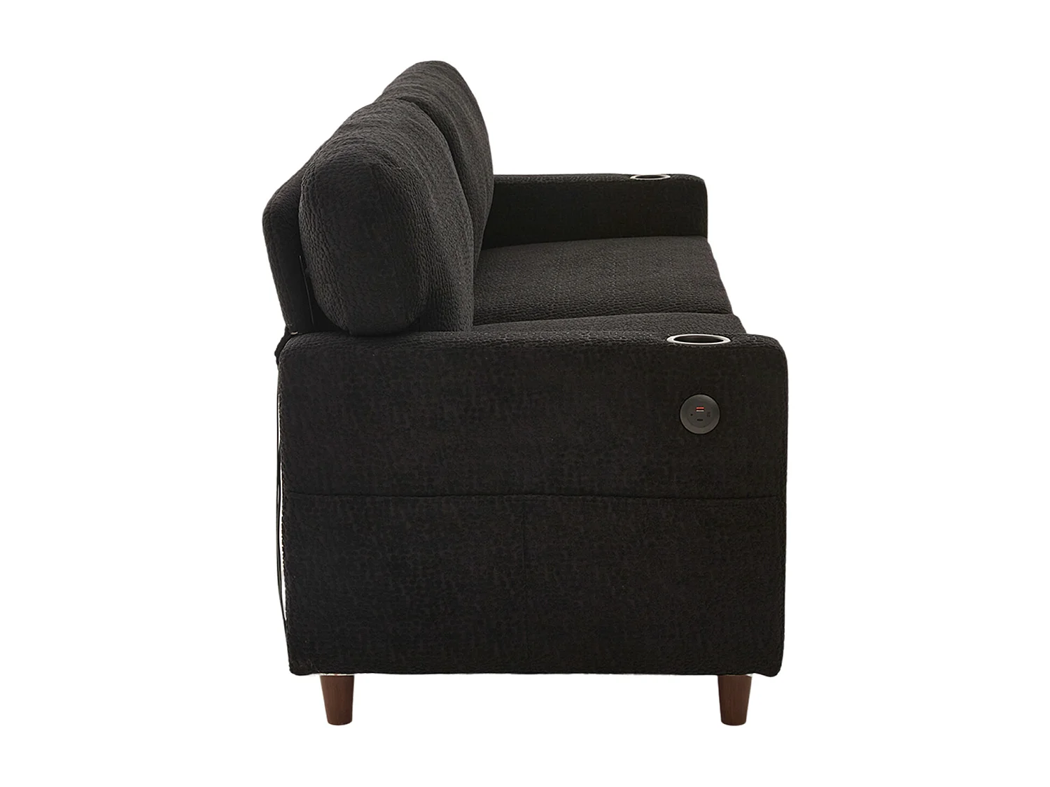 Canapé 2 places avec port USB-C, LED et poches latérales - Tissu chenille - Noir