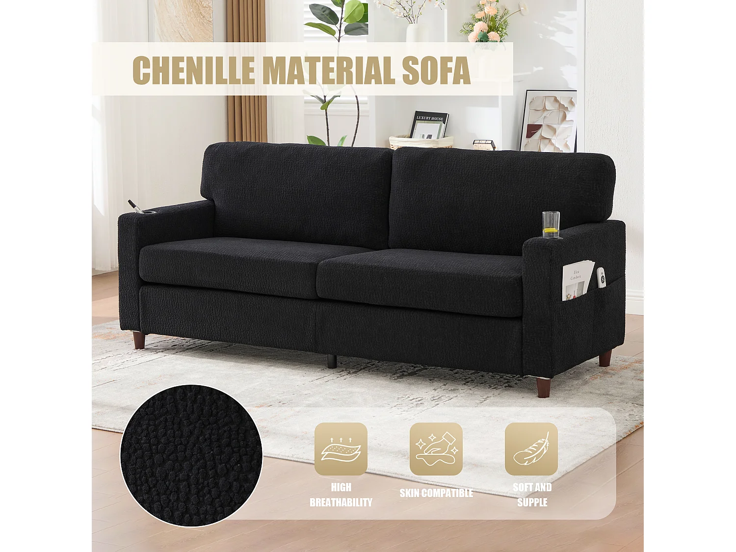 Canapé 2 places avec port USB-C, LED et poches latérales - Tissu chenille - Noir