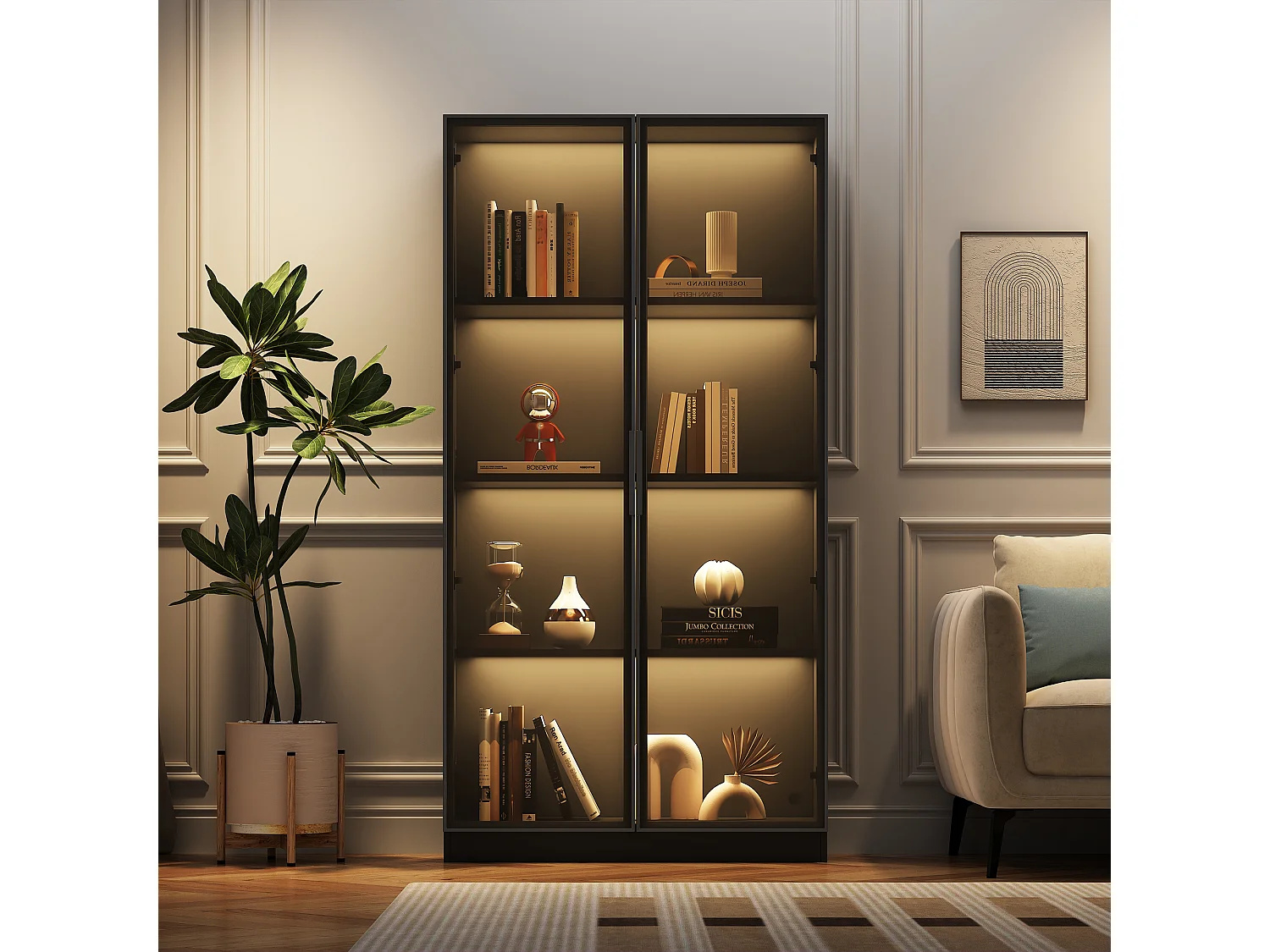 Vitrine avec LEDs et 2 portes vitrées - Etagères réglables - Noir