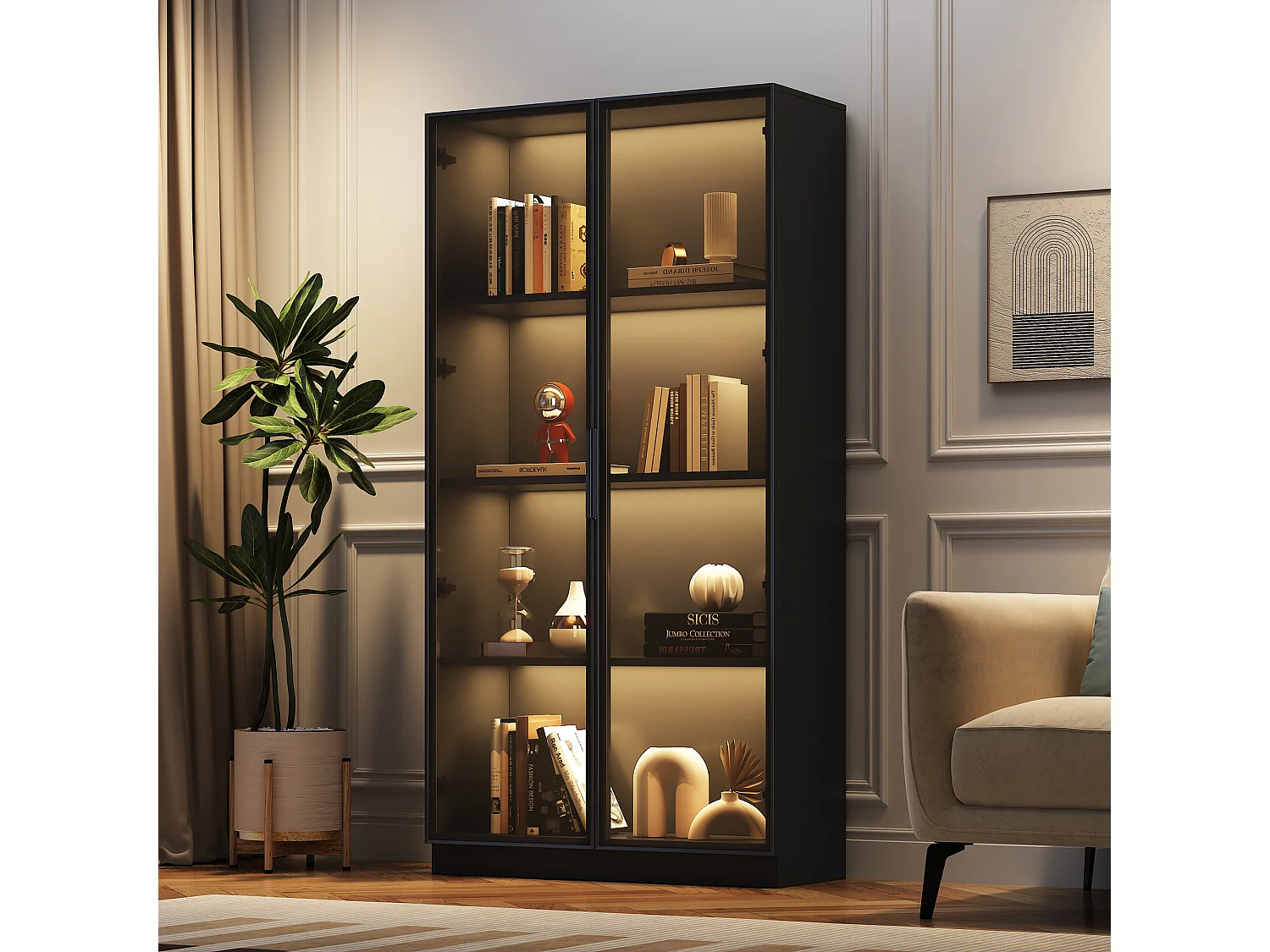Vitrine avec LEDs et 2 portes vitrées - Etagères réglables - Noir