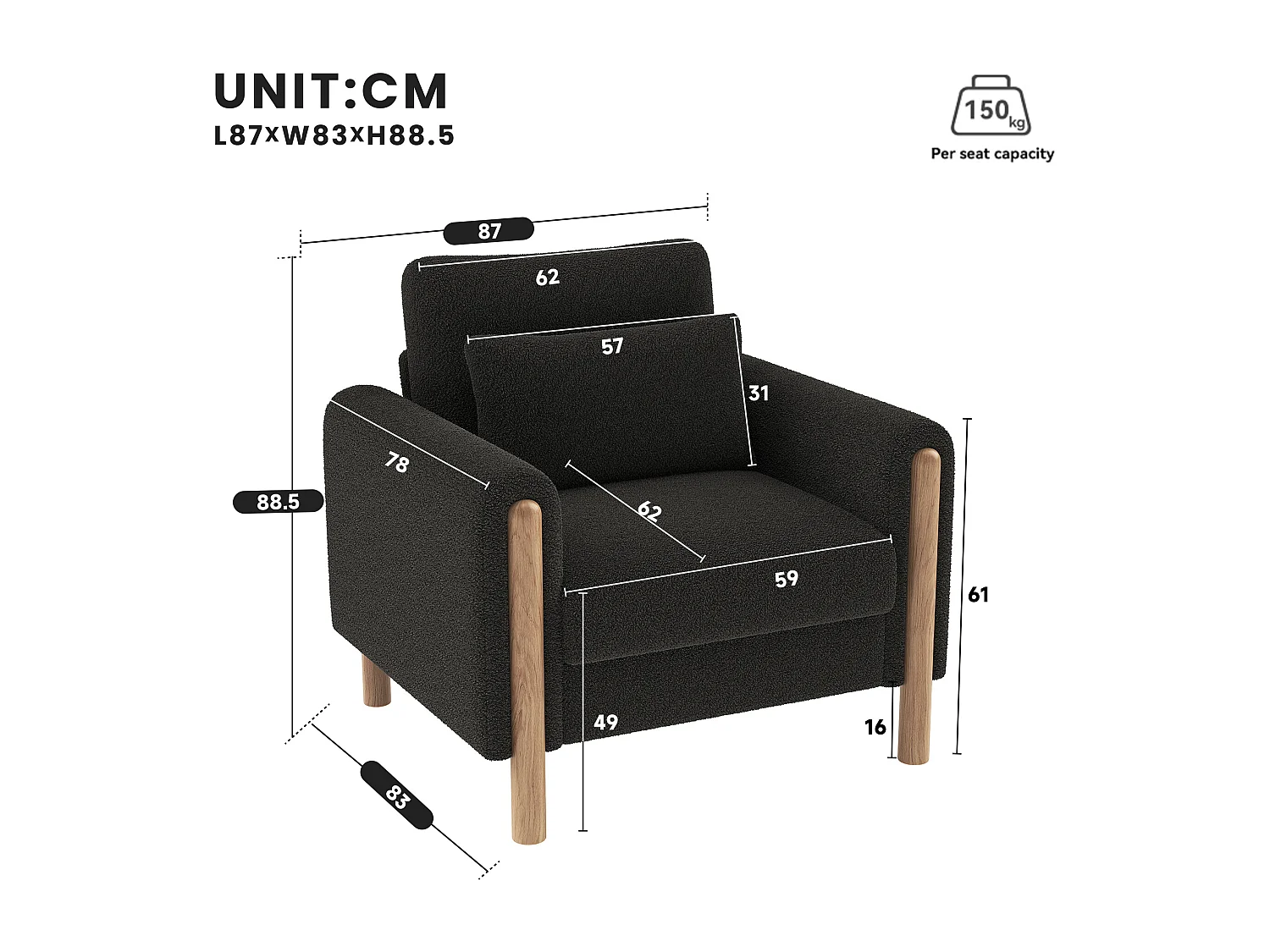 Fauteuil avec soutien lombaire, structure en bois, tissu Teddy, gris foncé