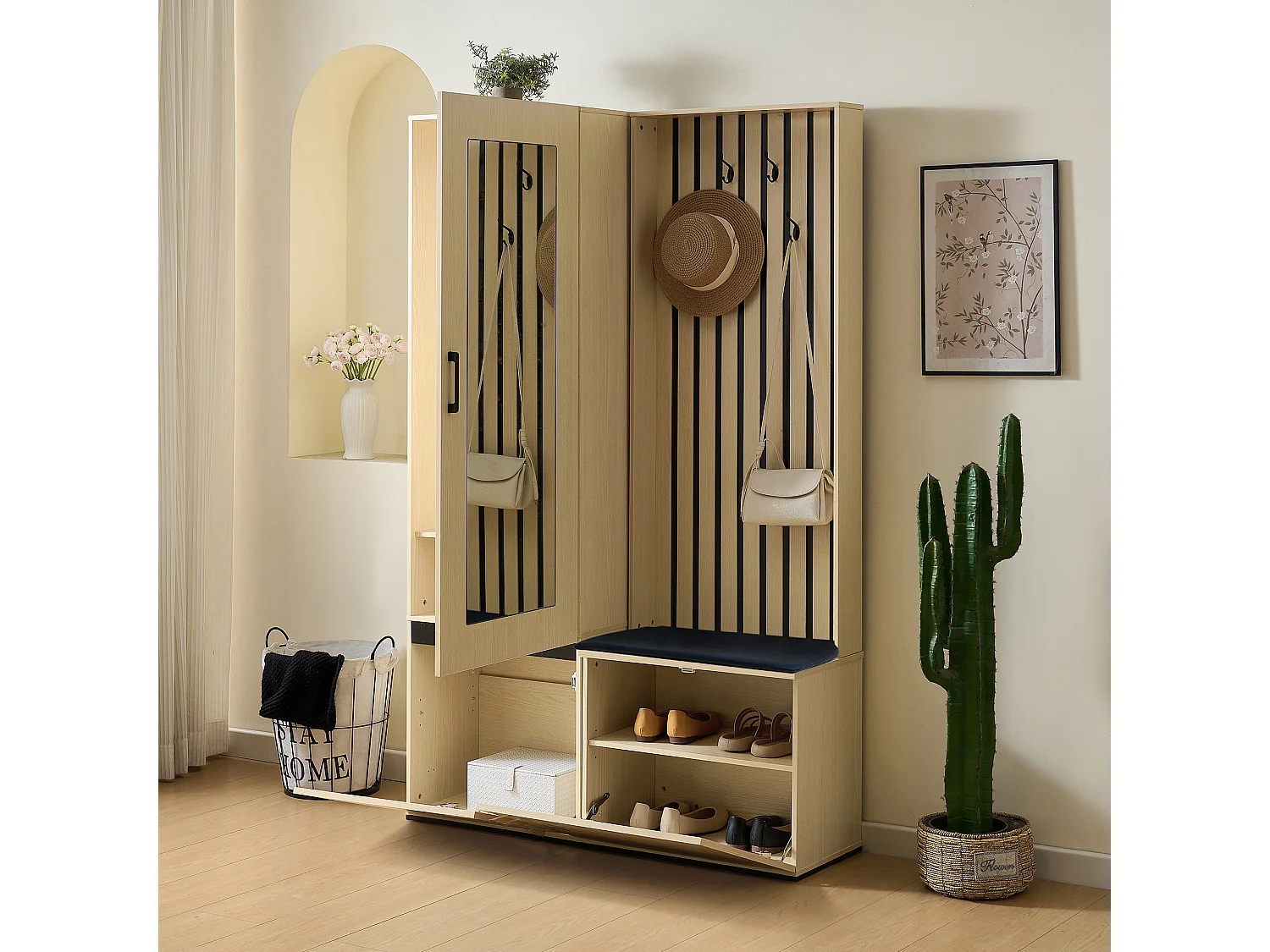 Ensemble de vestiaire et armoire - Avec 3 porte, miroir, 4 crochets et banc rembourré -Naturel