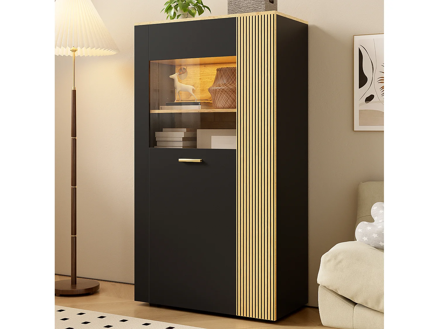 Vitrine avec porte vitrée et lumières LED, 5 étagères , noir+naturel