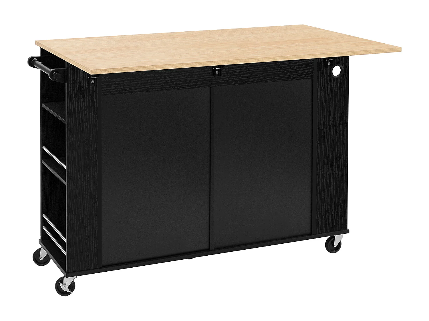 Îlot central de cuisine sur roulettes, avec poubelle, 2 tiroirs. porte et prise - Bois noir