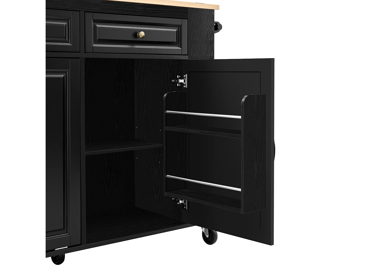 Îlot central de cuisine sur roulettes, avec poubelle, 2 tiroirs. porte et prise - Bois noir