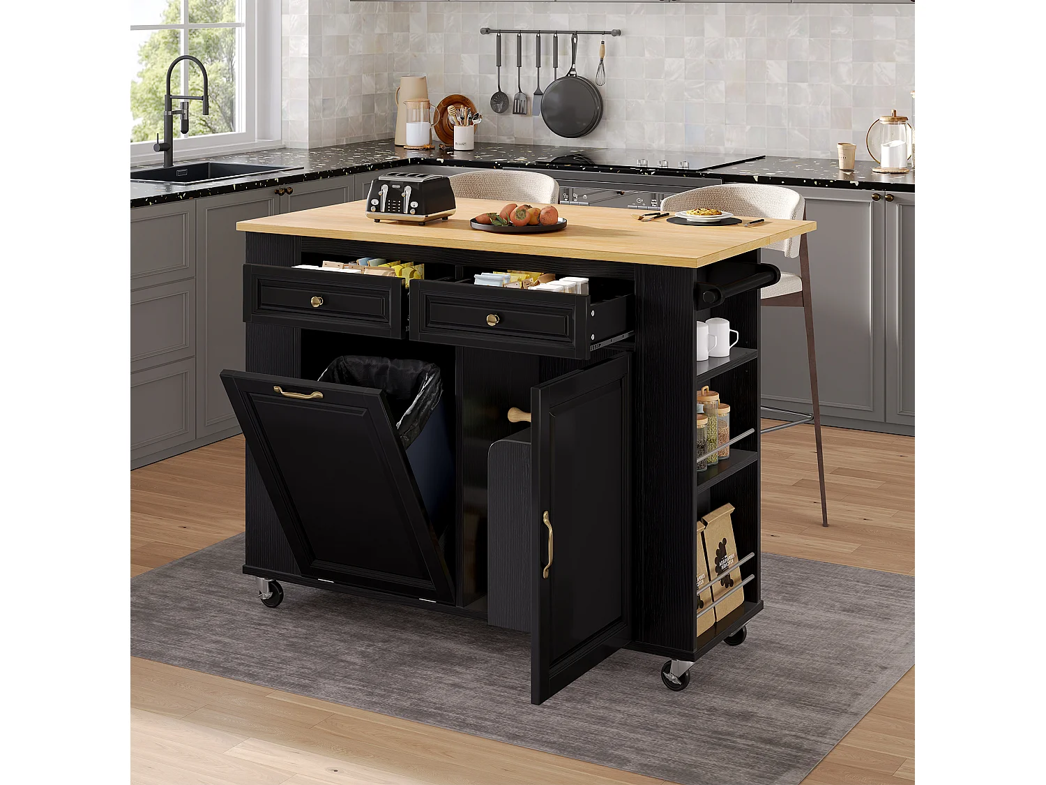 Îlot central de cuisine sur roulettes, avec poubelle, 2 tiroirs. porte et prise - Bois noir