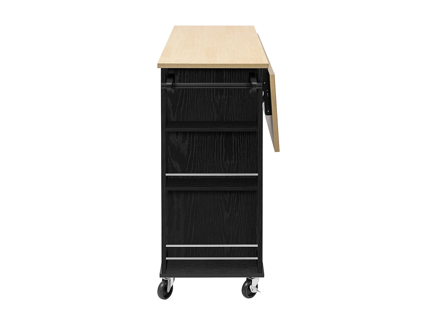 Îlot central de cuisine sur roulettes, avec poubelle, 2 tiroirs. porte et prise - Bois noir