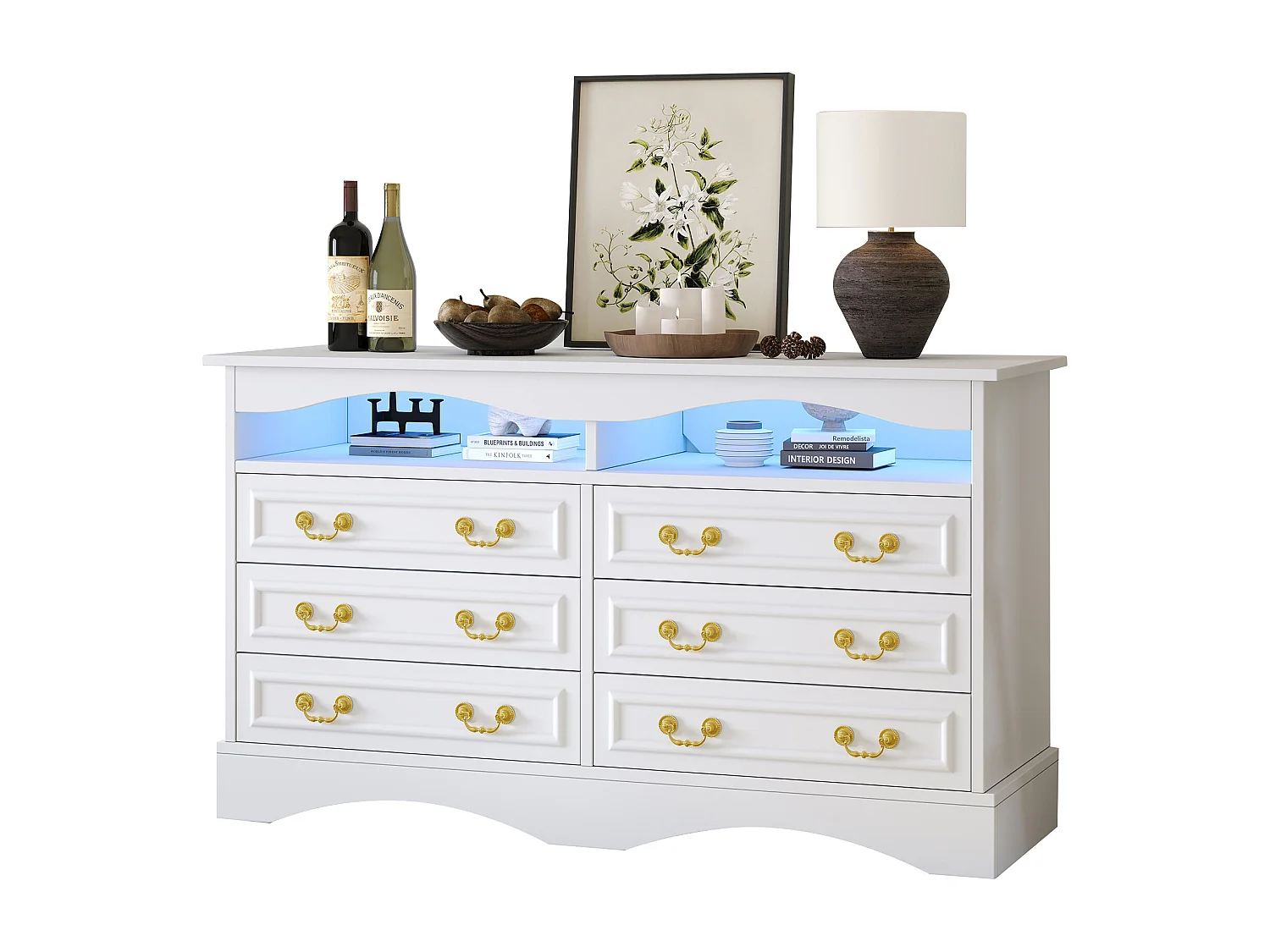 Commode avec 6 tiroirs et éclairage LED, poignées dorées, panneaux de particules