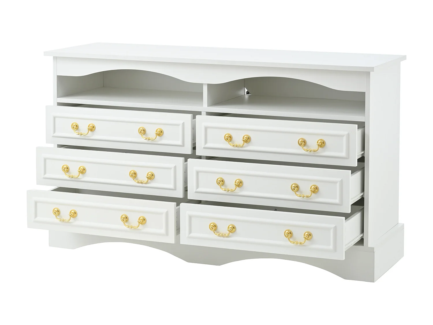 Commode avec 6 tiroirs et éclairage LED, poignées dorées, panneaux de particules