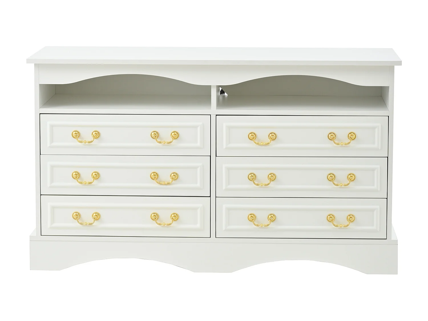 Commode avec 6 tiroirs et éclairage LED, poignées dorées, panneaux de particules