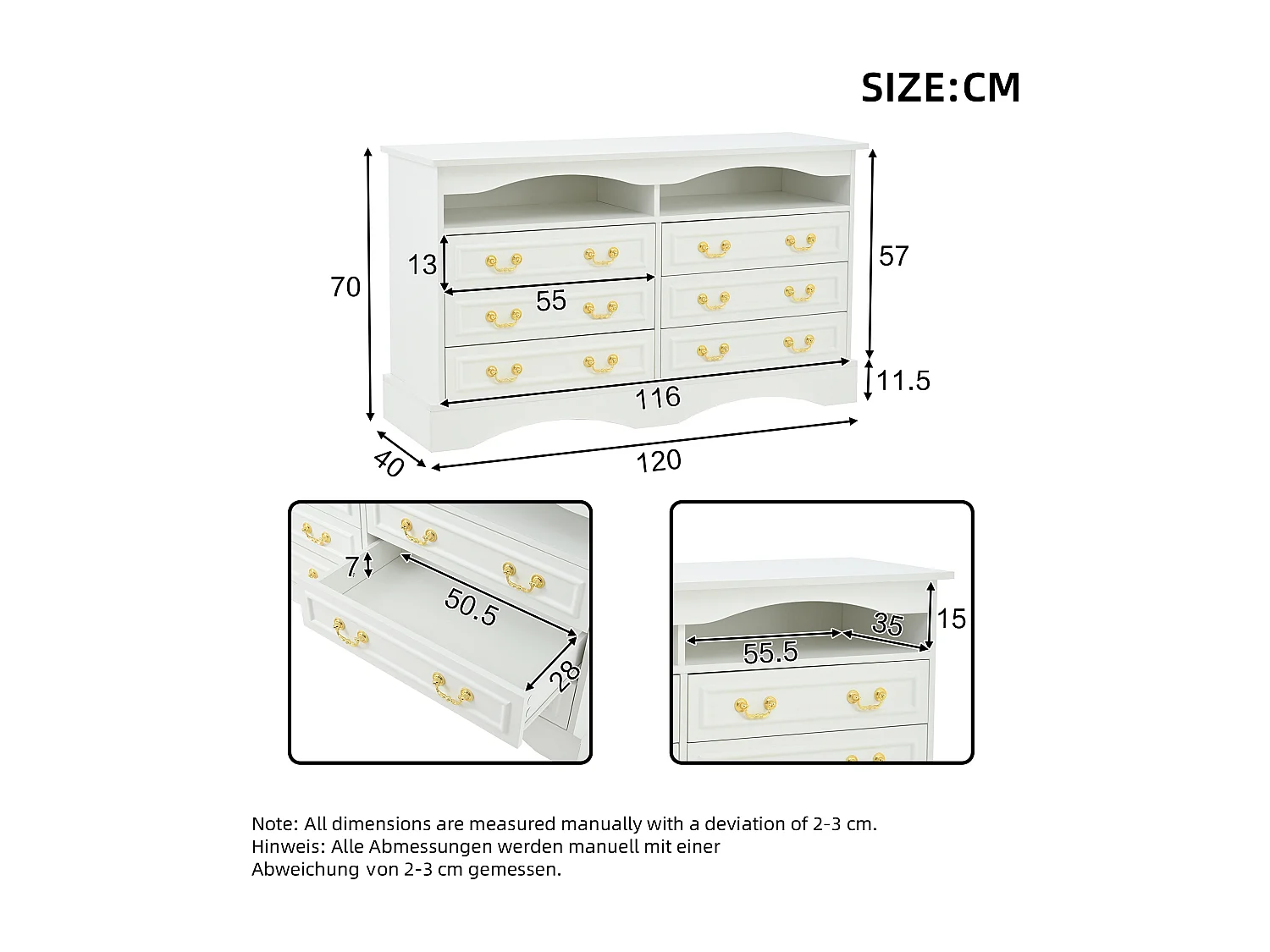 Commode avec 6 tiroirs et éclairage LED, poignées dorées, panneaux de particules