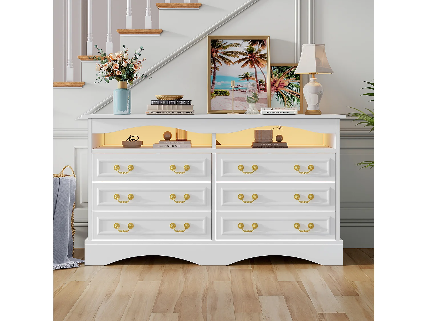 Commode avec 6 tiroirs et éclairage LED, poignées dorées, panneaux de particules