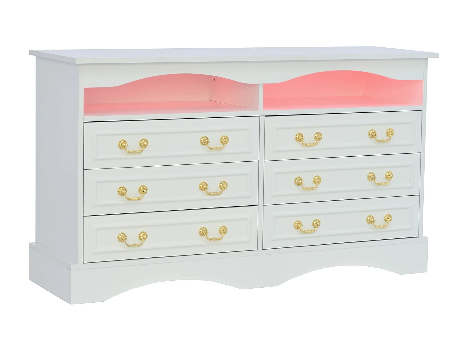 Commode avec 6 tiroirs et éclairage LED, poignées dorées, panneaux de particules