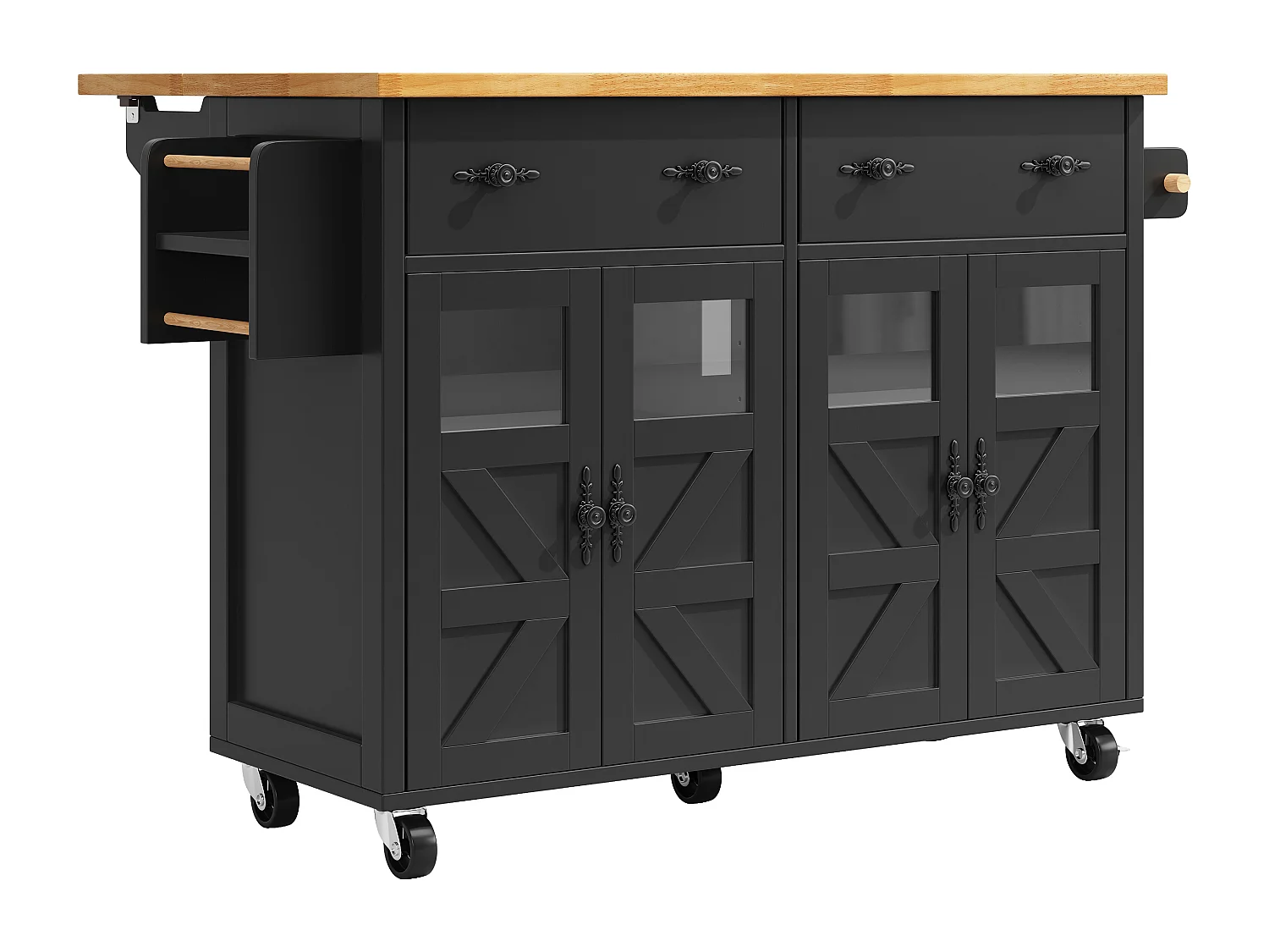 Isola cucina con ruote, 4 ante e 2 cassetti - Nero e naturale