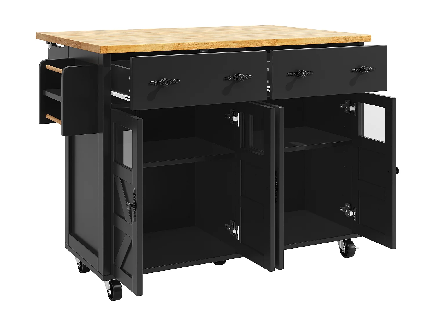 Isola cucina con ruote, 4 ante e 2 cassetti - Nero e naturale