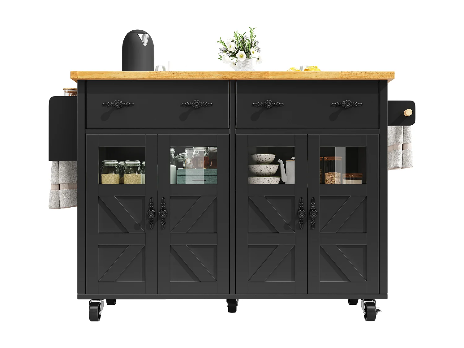 Isola cucina con ruote, 4 ante e 2 cassetti - Nero e naturale