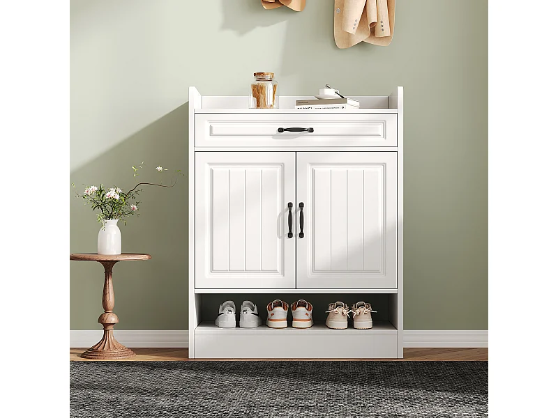 Meuble à chaussures avec 2 portes et tiroir - Poignée noire - Bois blanc