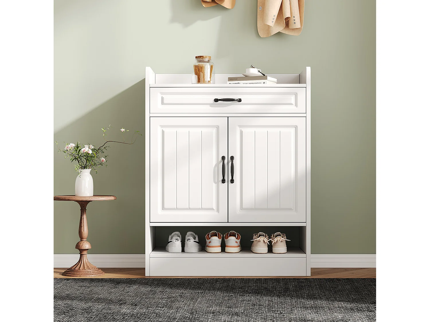 Meuble à chaussures avec 2 portes et tiroir - Poignée noire - Bois blanc