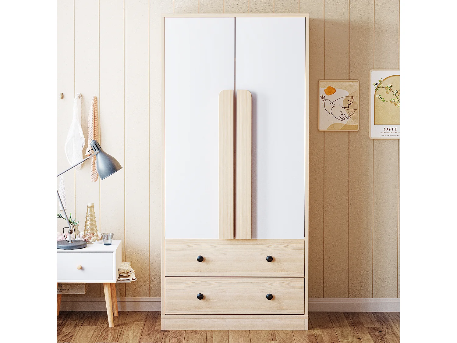 Armoire avec 2 portes et 2 tiroirs - Blanc et naturel