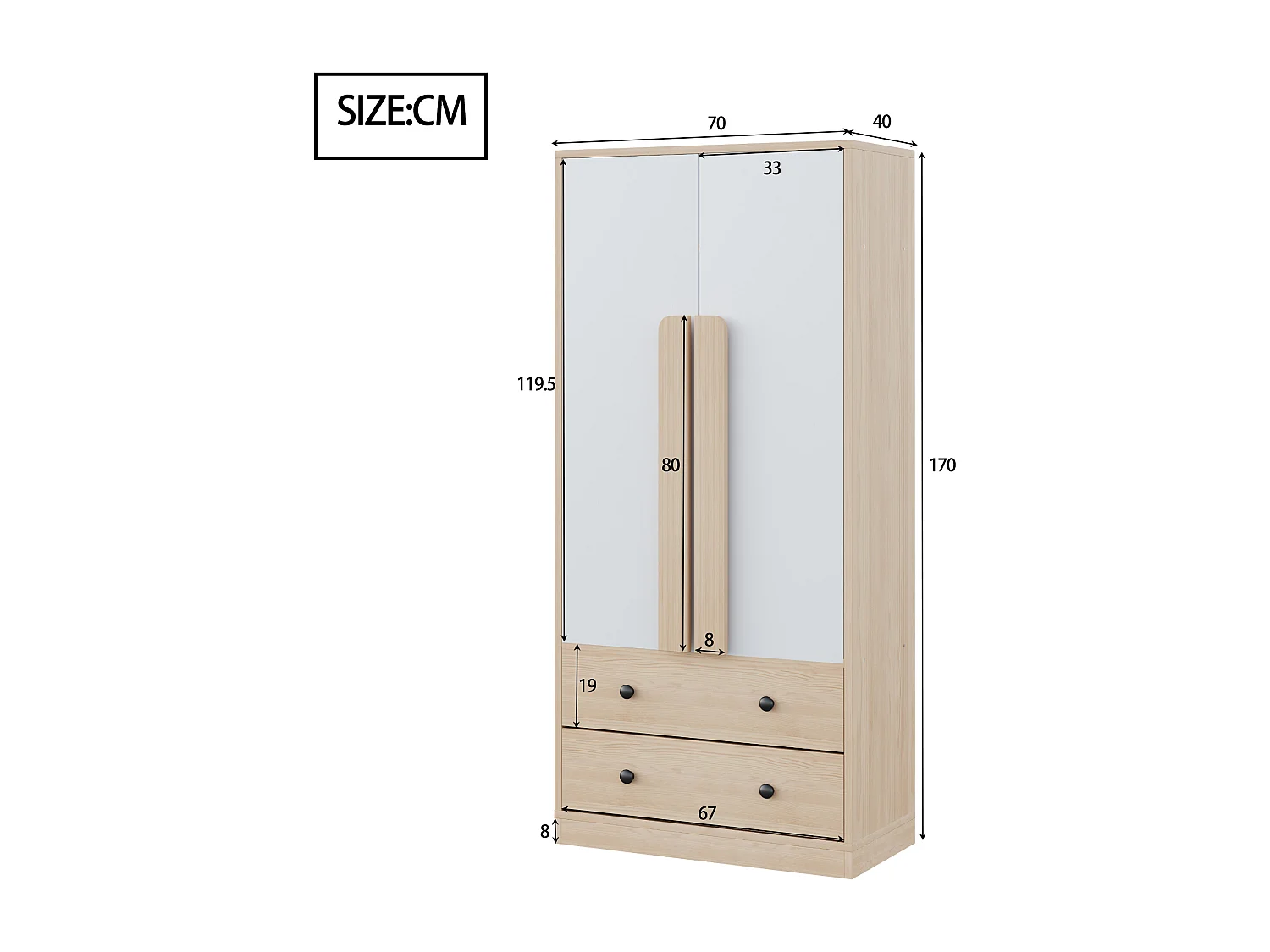 Armoire avec 2 portes et 2 tiroirs - Blanc et naturel