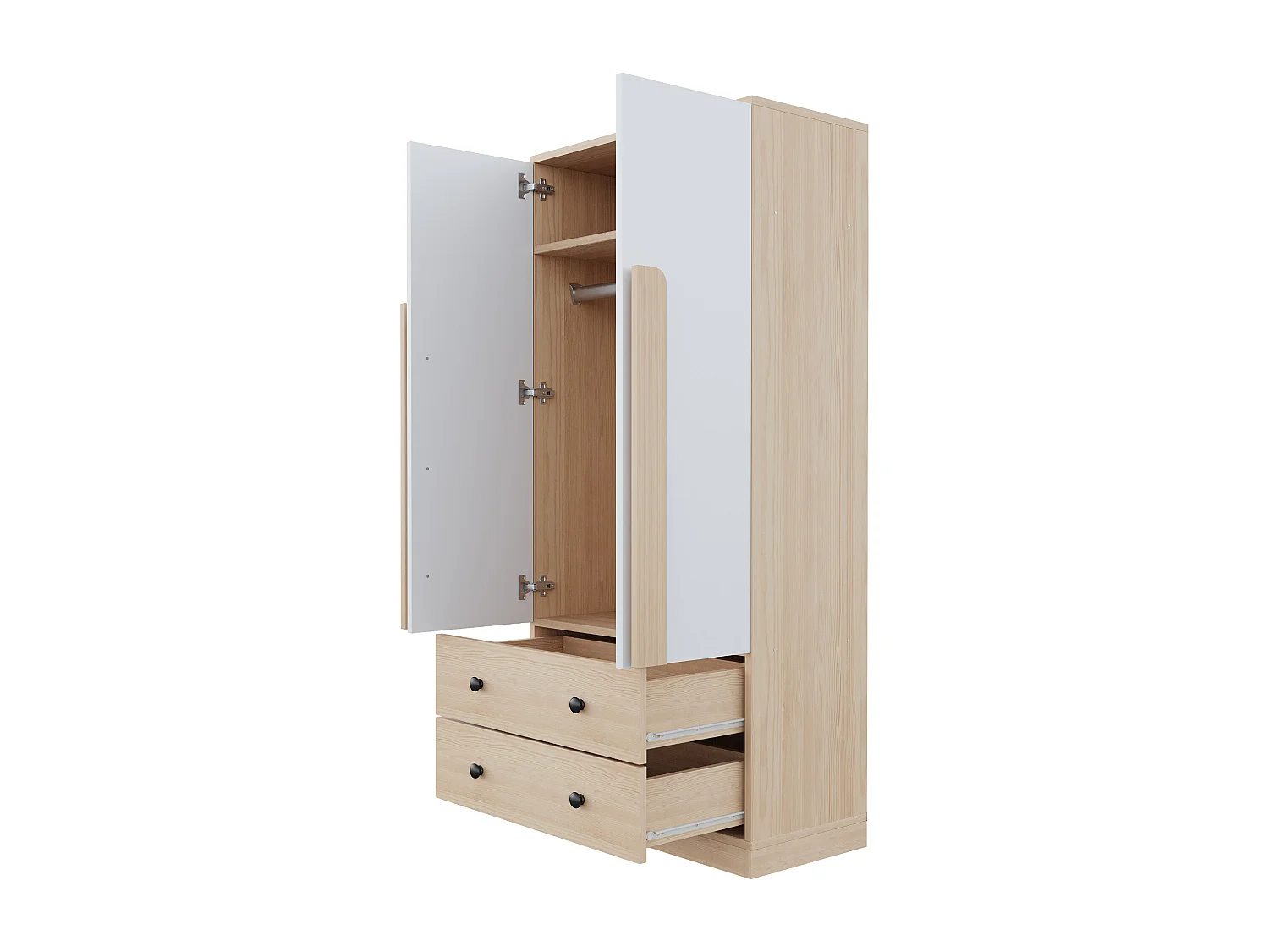 Armoire avec 2 portes et 2 tiroirs - Blanc et naturel
