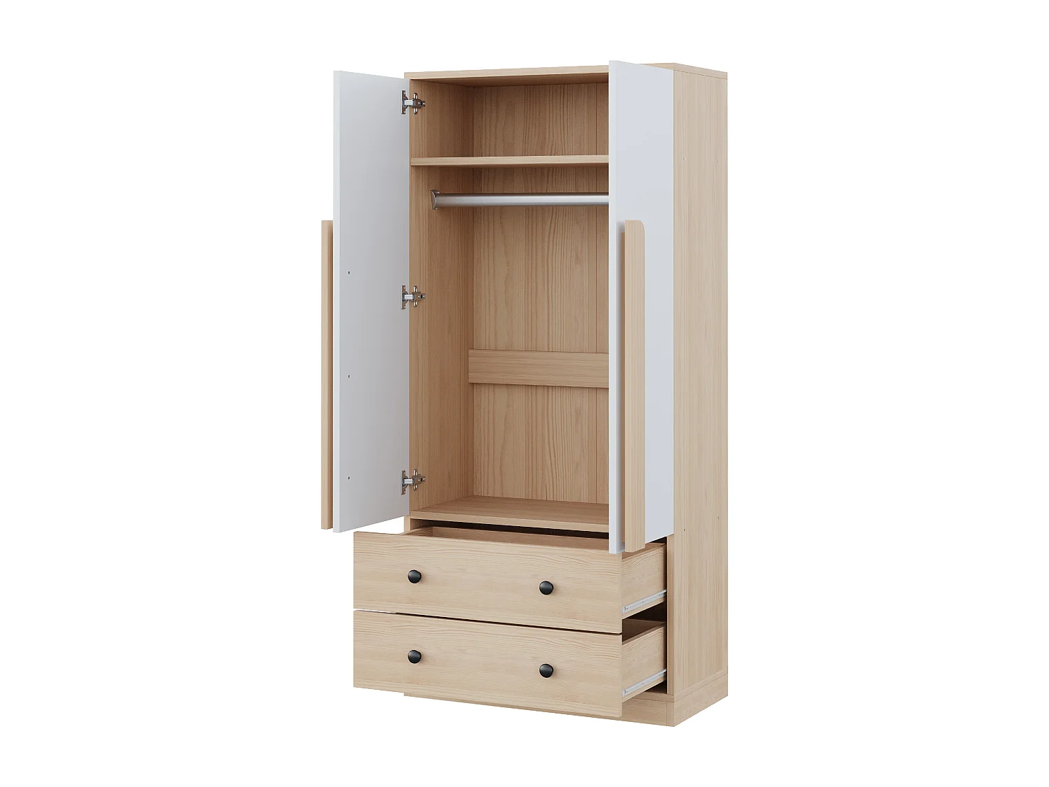 Armoire avec 2 portes et 2 tiroirs - Blanc et naturel