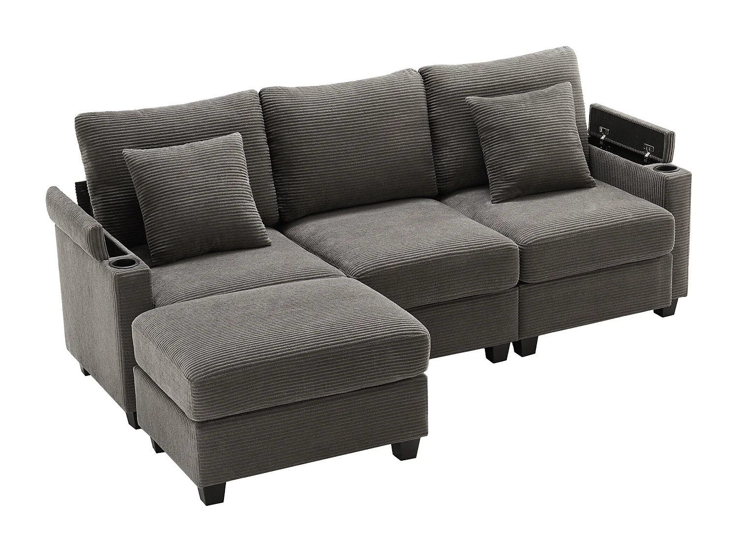 Canapé 3 places avec repose-pieds, port USB, 2 coussins - Velours côtelé - Gris foncé