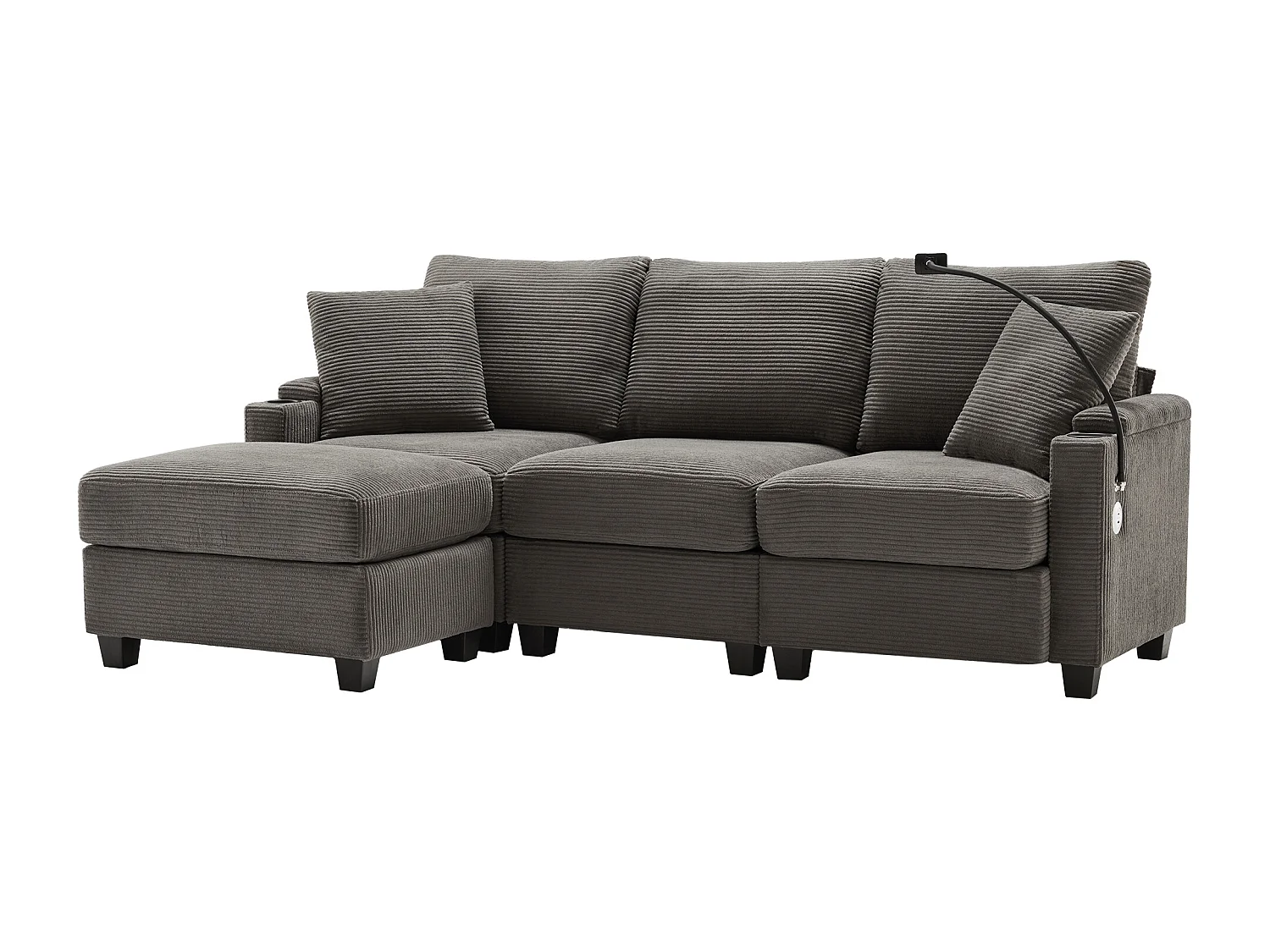 Canapé 3 places avec repose-pieds, port USB, 2 coussins - Velours côtelé - Gris foncé