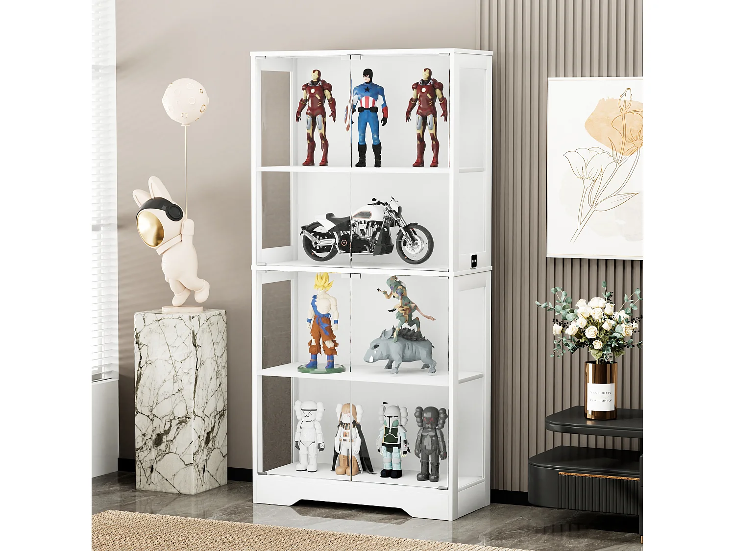 Vitrinekast met 4 glazen deuren, LED-verlichting en slimme sensoren, wit, MDF