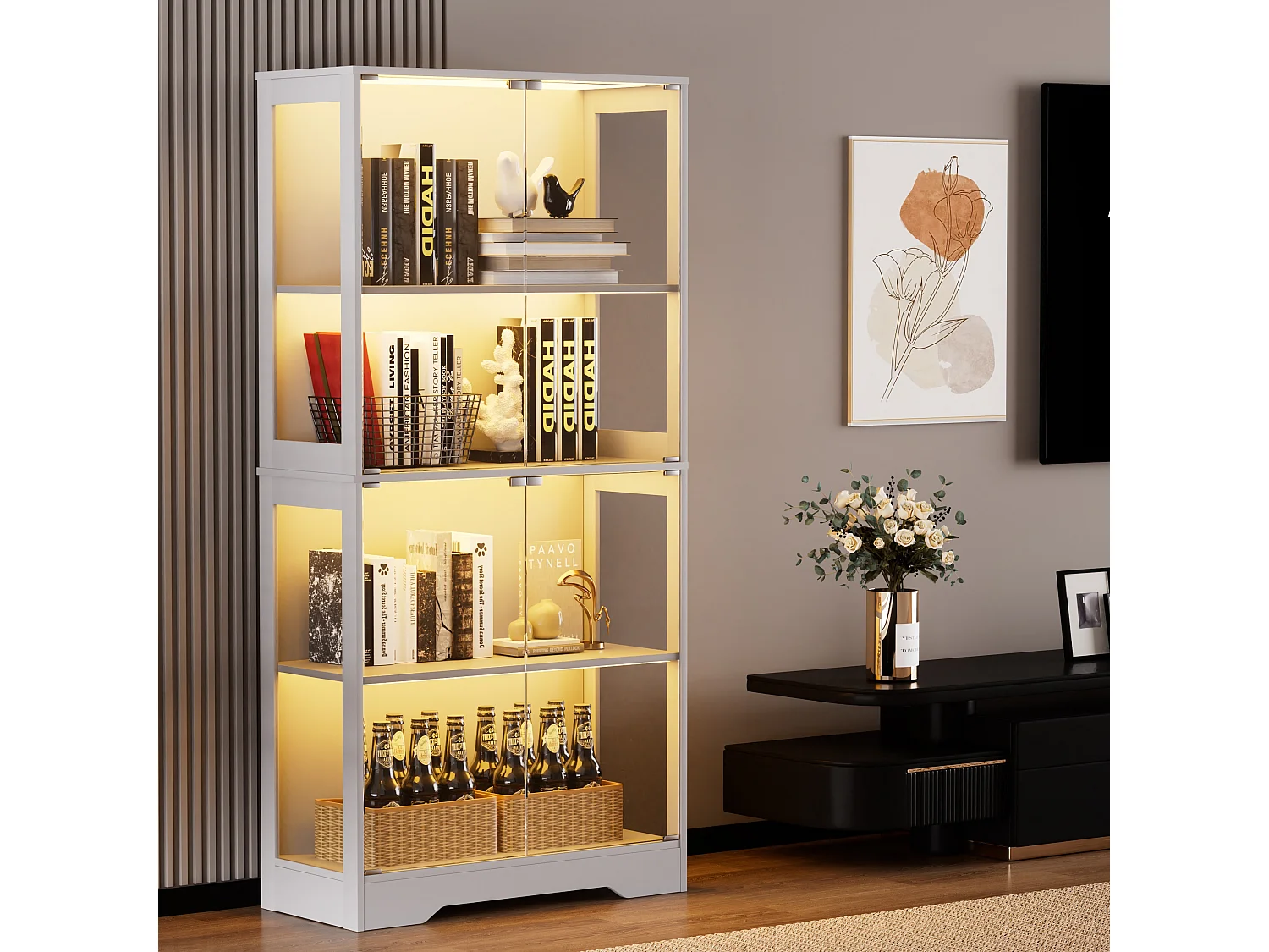 Vitrinekast met 4 glazen deuren, LED-verlichting en slimme sensoren, wit, MDF