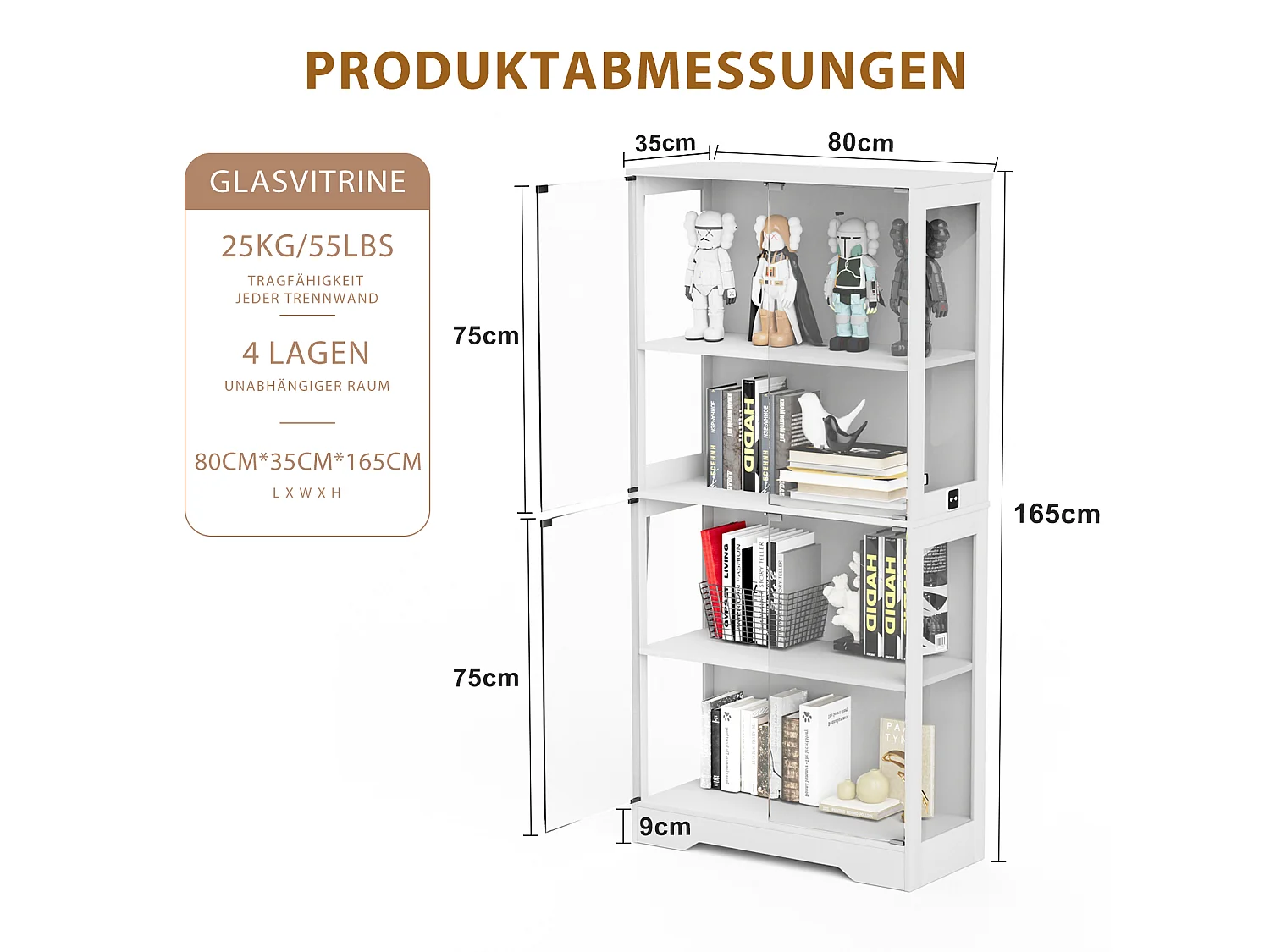 Vitrinekast met 4 glazen deuren, LED-verlichting en slimme sensoren, wit, MDF