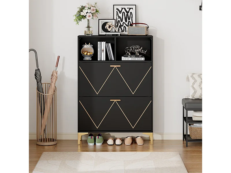 Meuble à chaussures avec 2 portes abattantes - pieds en métal - Noir