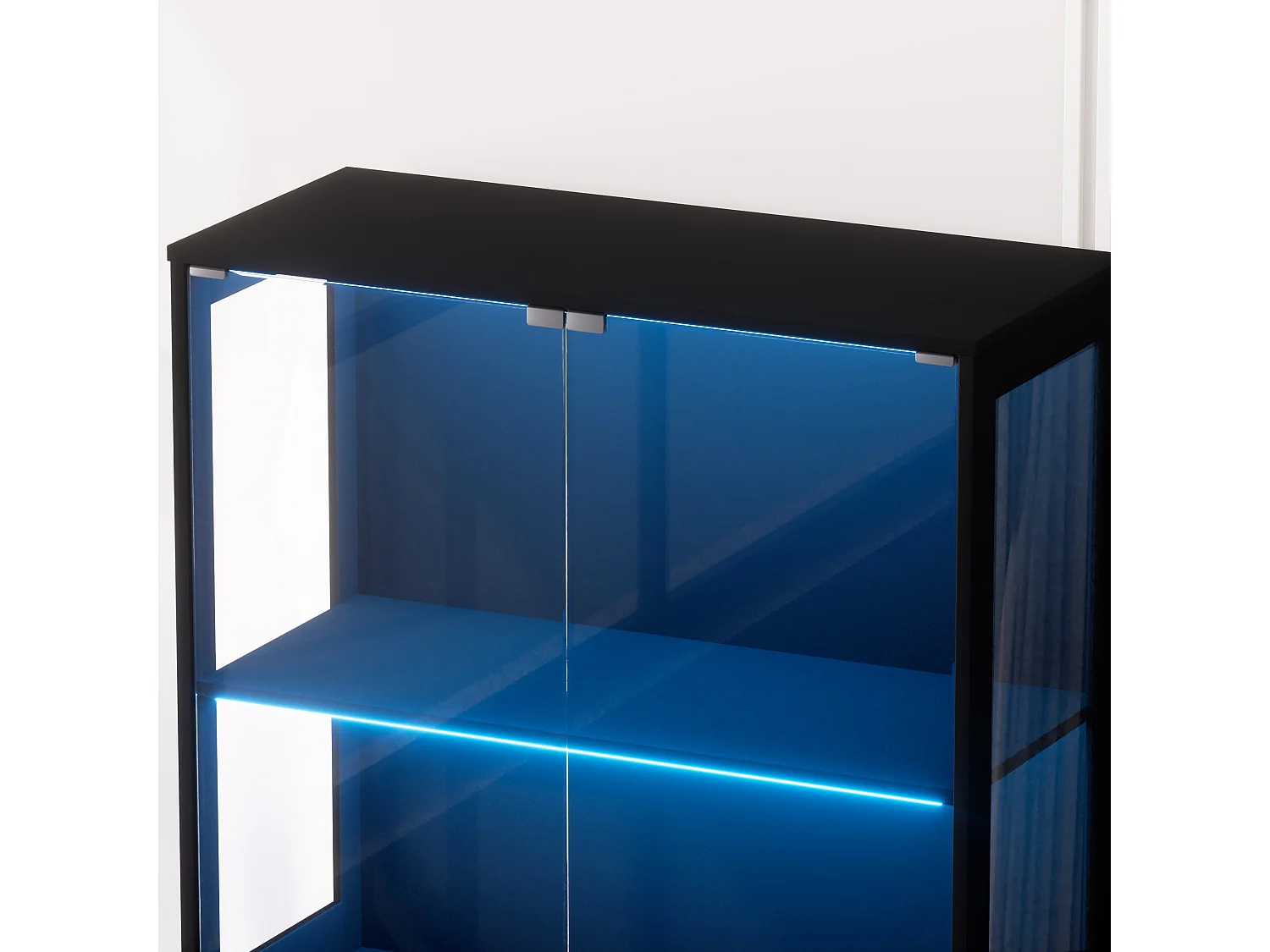 Vitrinekast met 4 glazen deuren, LED-verlichting en slimme sensoren, zwart, MDF