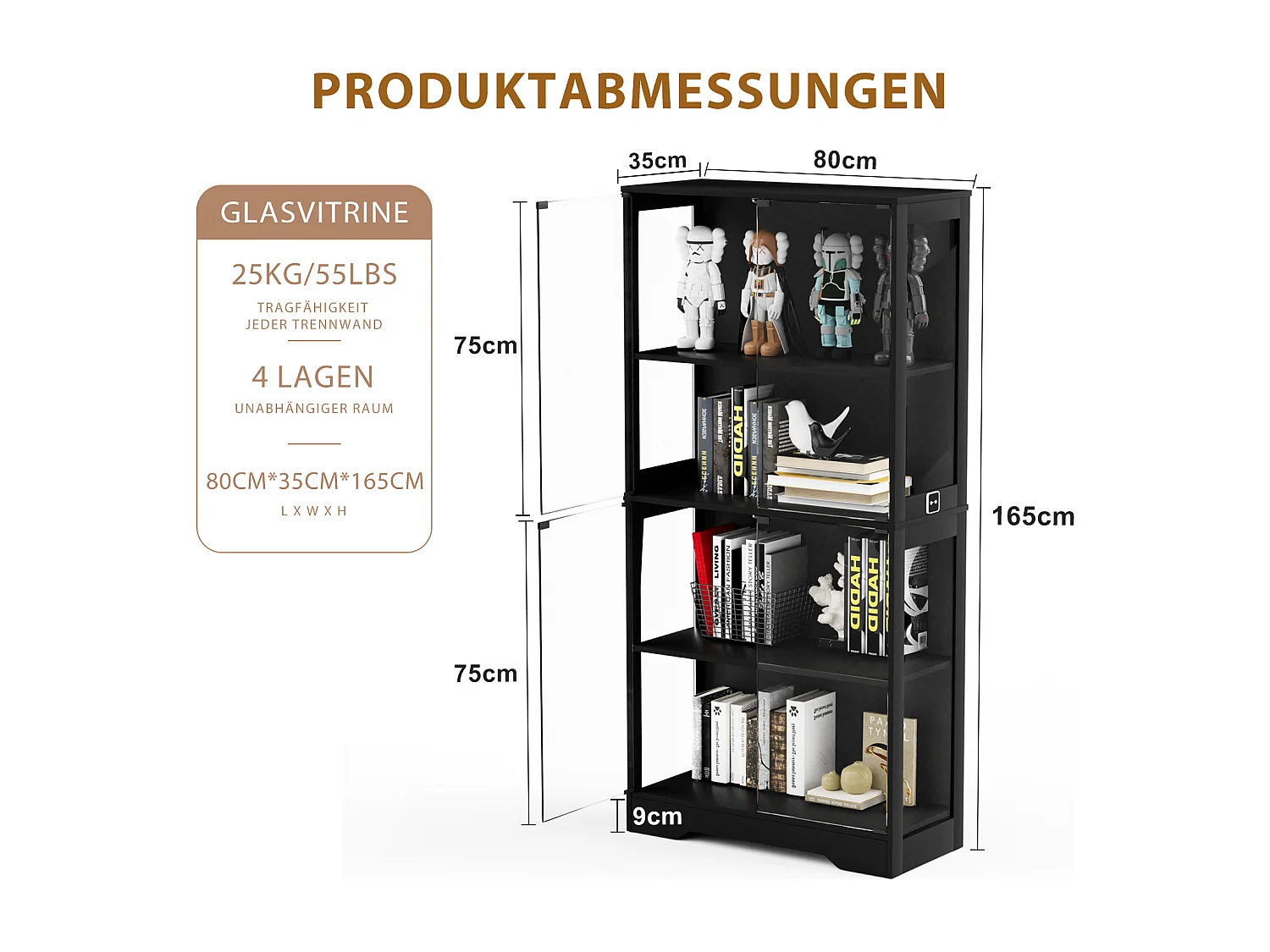 Vitrinekast met 4 glazen deuren, LED-verlichting en slimme sensoren, zwart, MDF