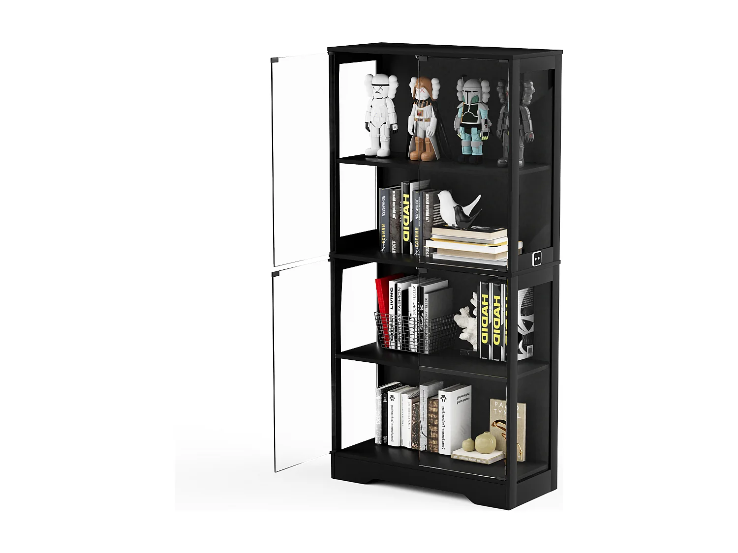 Vitrinekast met 4 glazen deuren, LED-verlichting en slimme sensoren, zwart, MDF