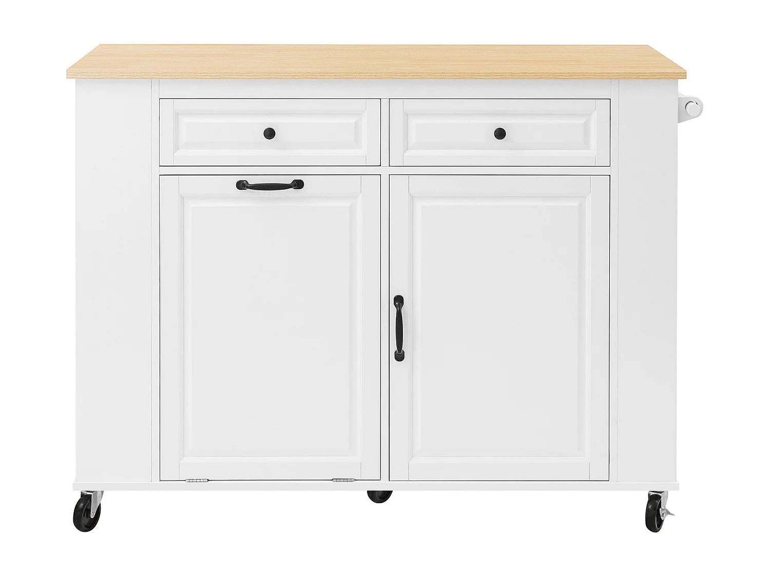 Îlot central de cuisine sur roulettes, avec poubelle, 2 tiroirs, porte et prise - Bois blanc