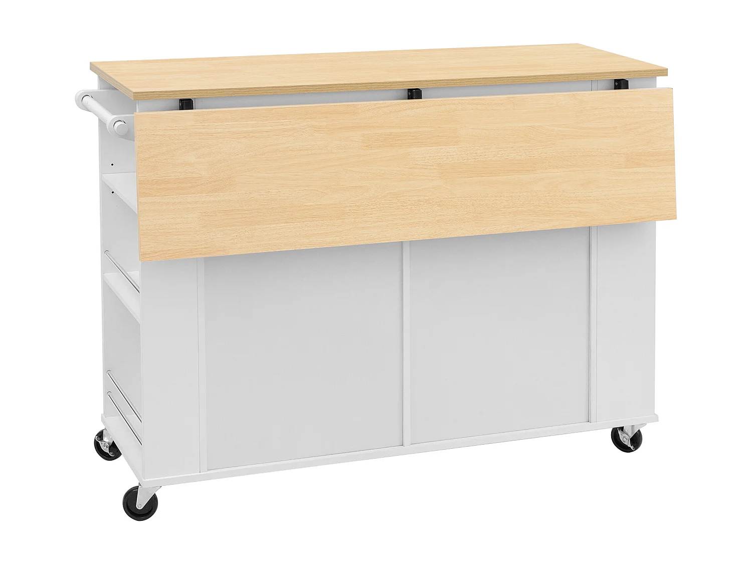 Îlot central de cuisine sur roulettes, avec poubelle, 2 tiroirs, porte et prise - Bois blanc