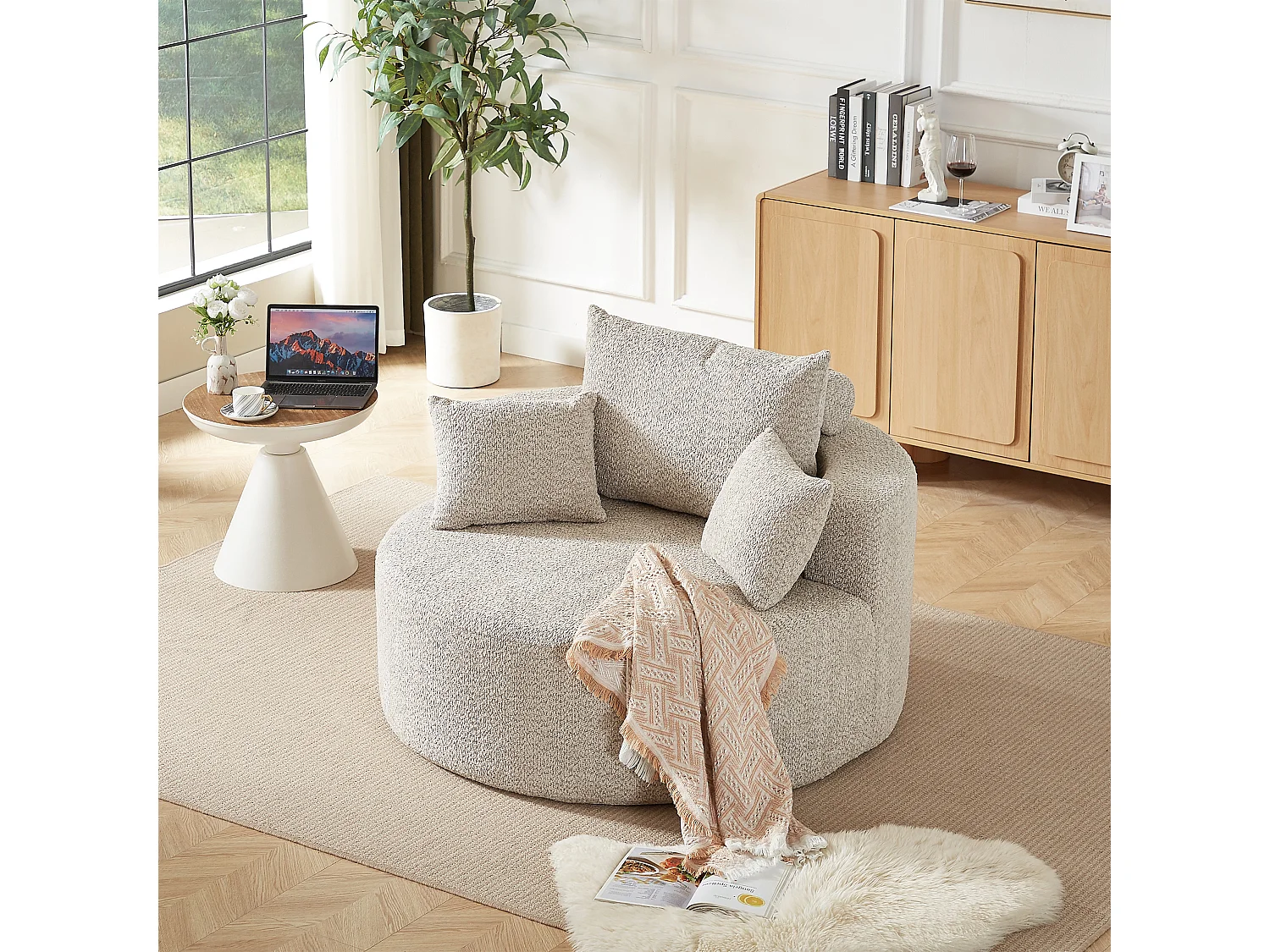 Fauteuil met lendensteun en hoofdsteun, kaki chenille stof